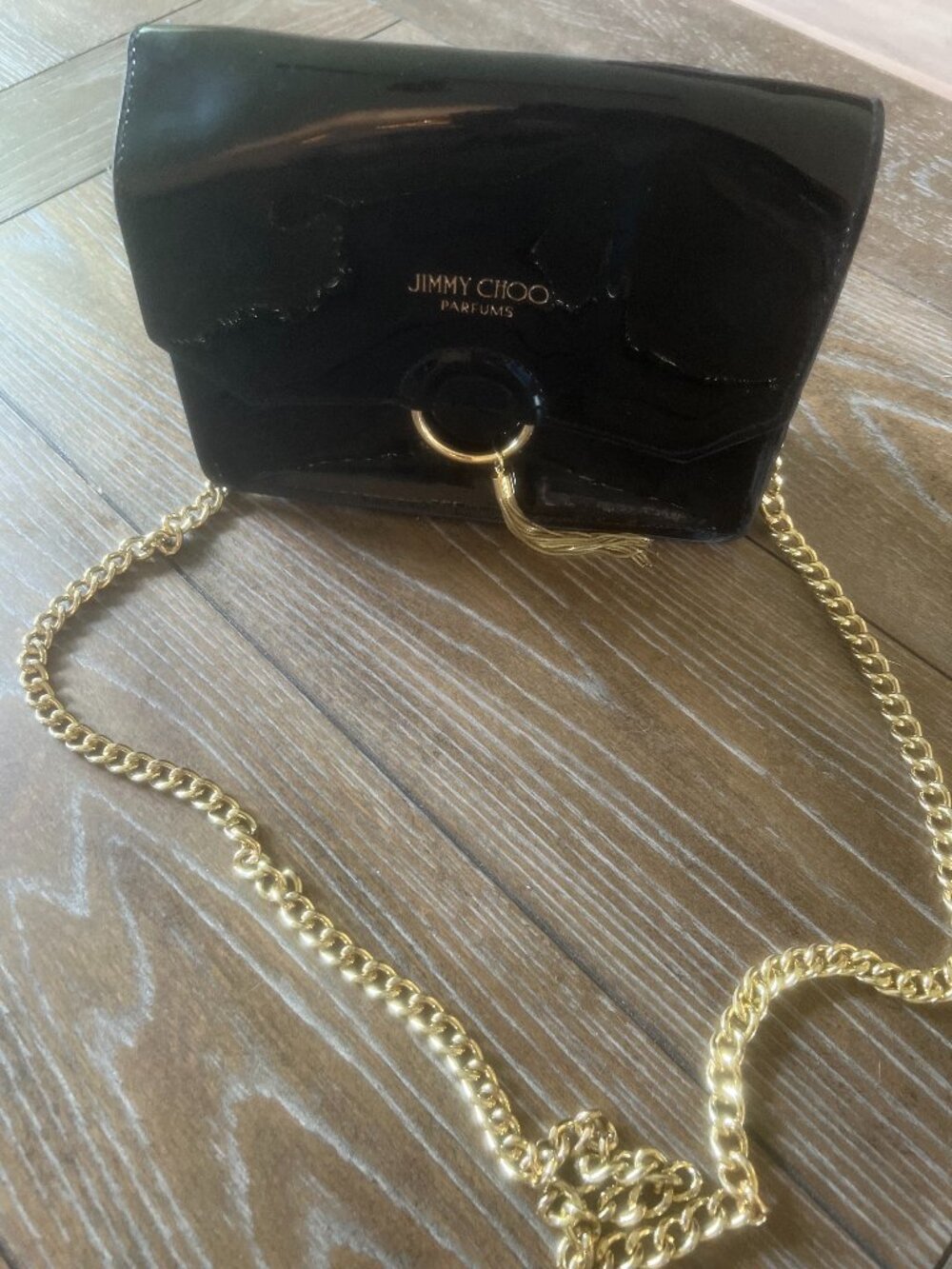 Jimmy Choo Parfums Black Patent Look Gold Chain Crossbody Evening Bag